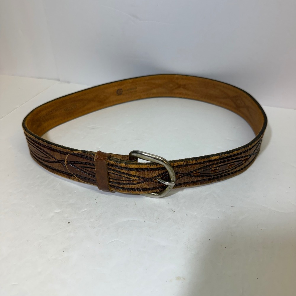 Vintage Chambers Brown Top Grain Leather Western Tooled Belt Made in USA 96008